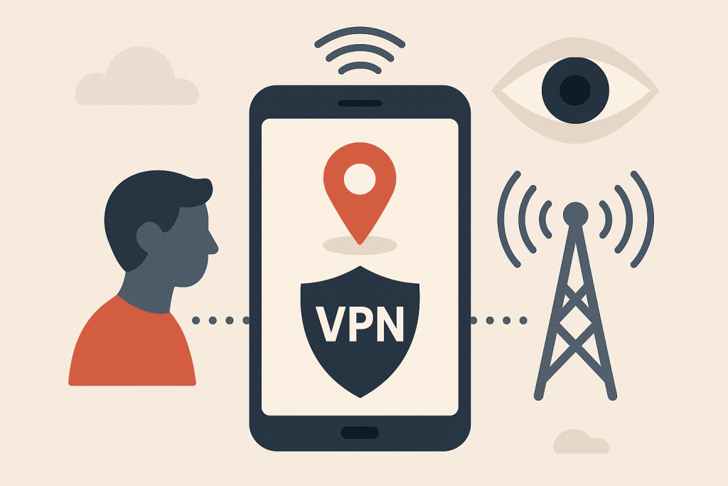 Смартфон с активированным VPN между пользователем и мобильной вышкой, с иконками геолокации и наблюдения.