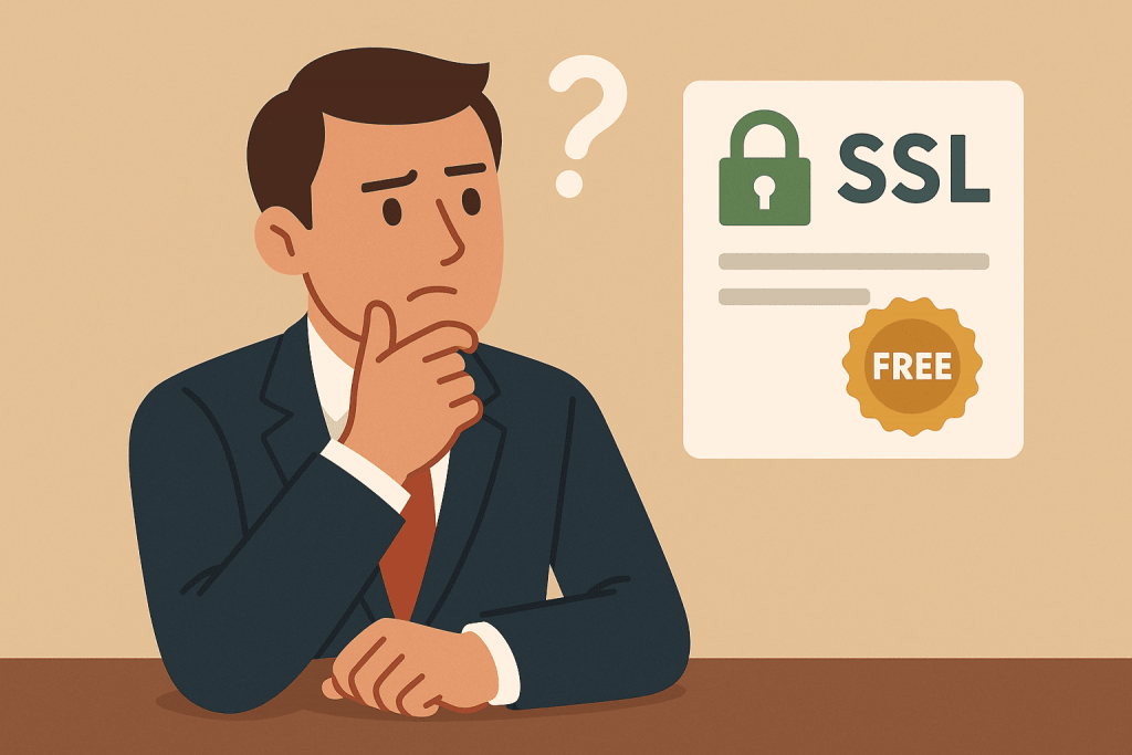 Человек в костюме задумчиво смотрит на изображение сертификата SSL с пометкой «FREE».
