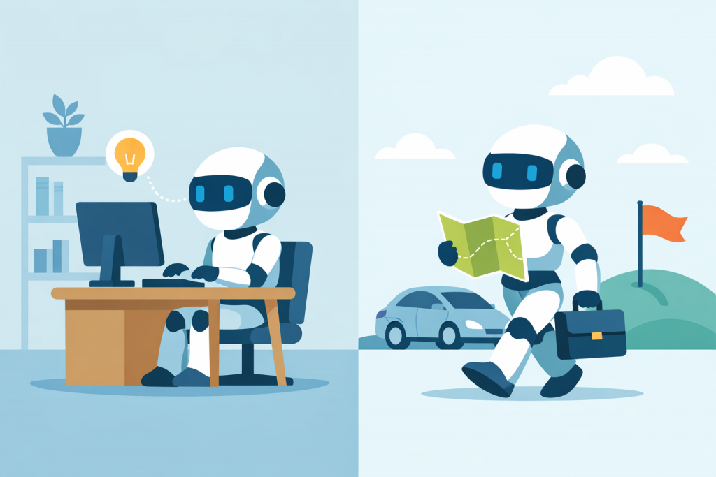 The robot is working at a computer indoors, generating an idea, and next to it is another robot moving in a real environment with a map in its hands and a suitcase, orienting itself to the terrain.