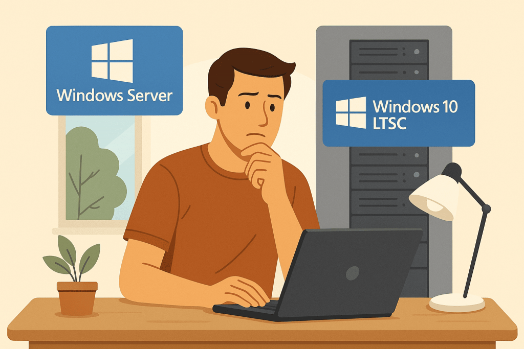 Чоловік сидить за ноутбуком і обмірковує вибір між Windows Server та Windows 10 LTSC для сервера.