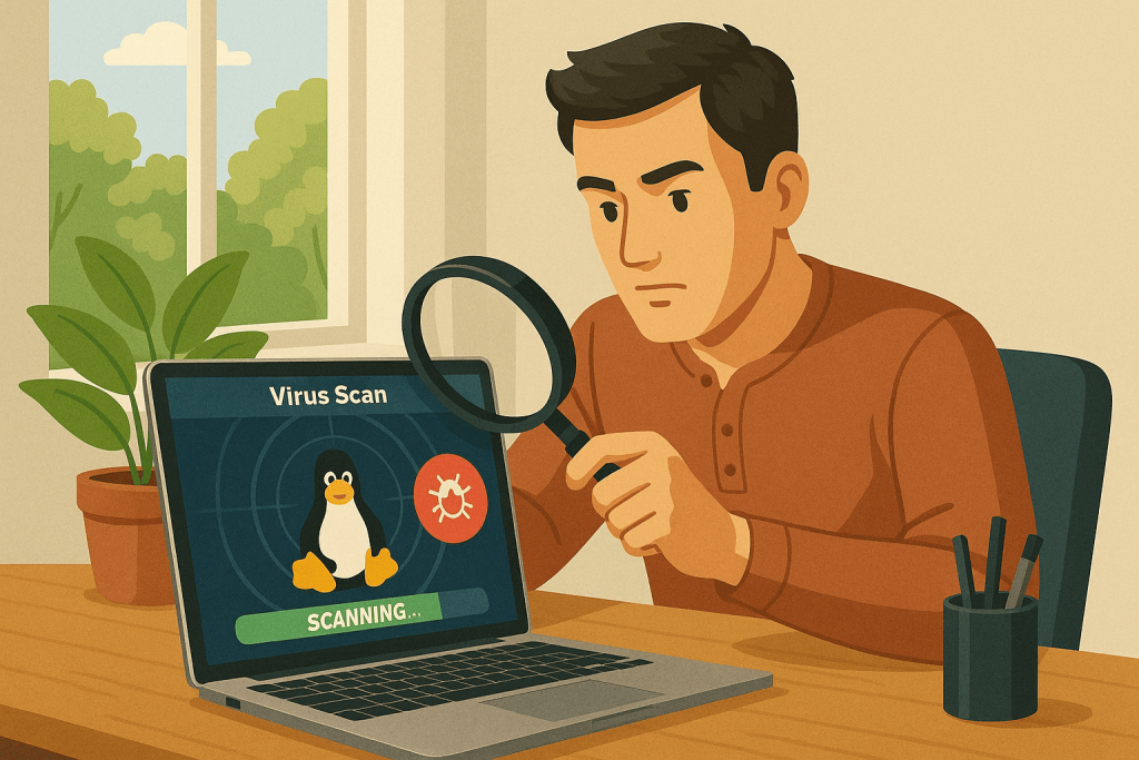 Чоловік уважно розглядає екран ноутбука з антивірусним скануванням Linux-системи.