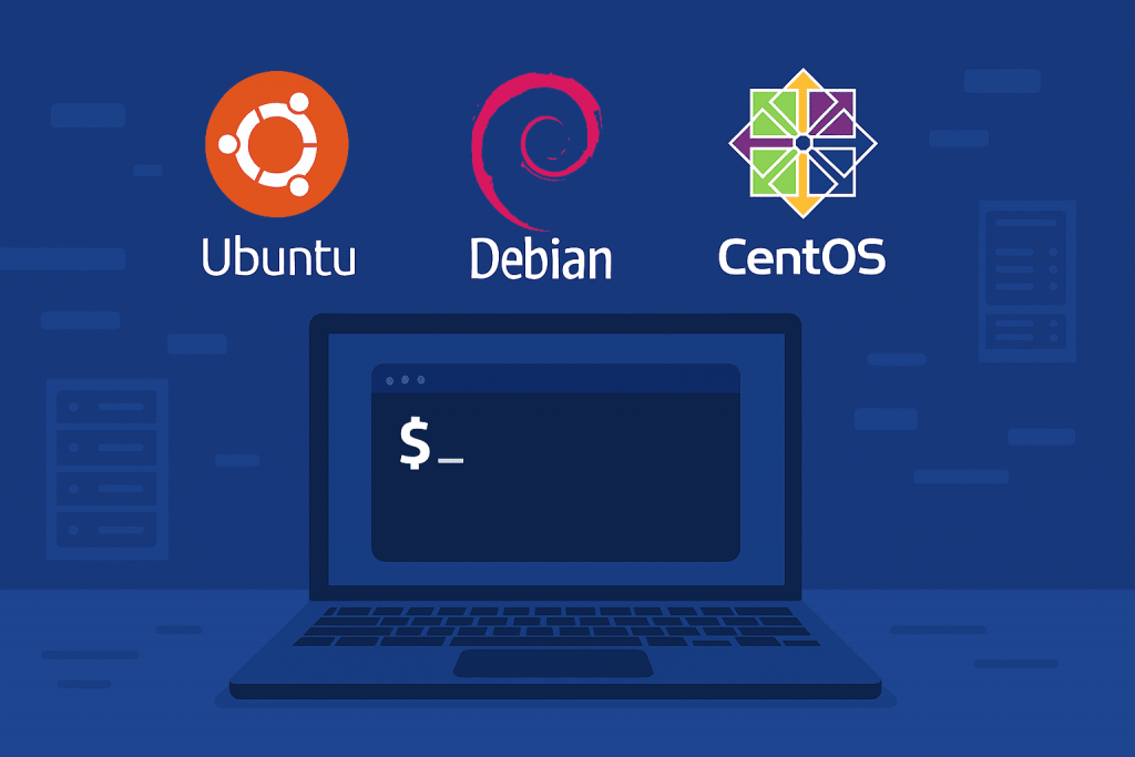Ноутбук із терміналом і логотипами Linux-дистрибутивів Ubuntu, Debian і CentOS над ним.