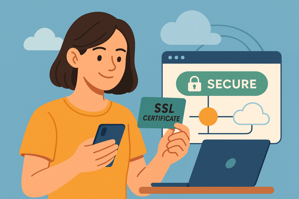 Жінка тримає картку з написом «SSL Certificate» перед ноутбуком із позначкою безпечного з’єднання.