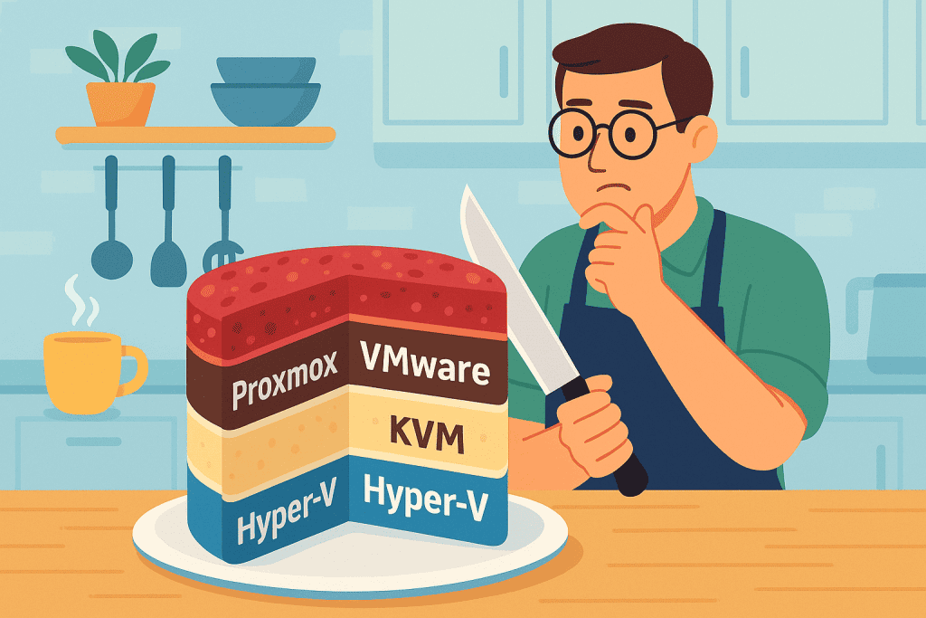 Чоловік розглядає торт із написами Hyper-V, KVM, VMware та Proxmox, обираючи частину для розрізу.
