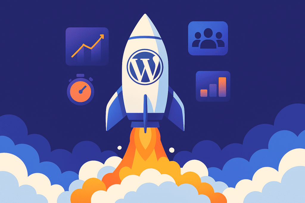 Ракета з логотипом WordPress злітає в небо, навколо — іконки з таймером, графіком росту, користувачами та аналітикою.