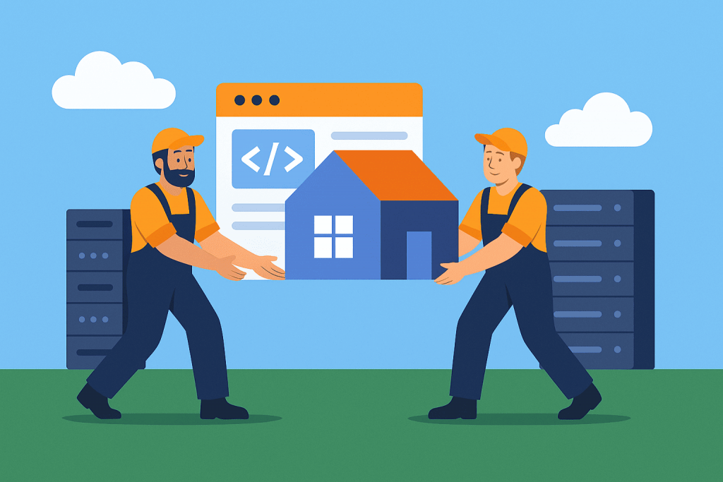 Двоє спеціалістів у помаранчевій формі переносять стилізований будинок між двома серверними стійками, на тлі вебінтерфейсу.