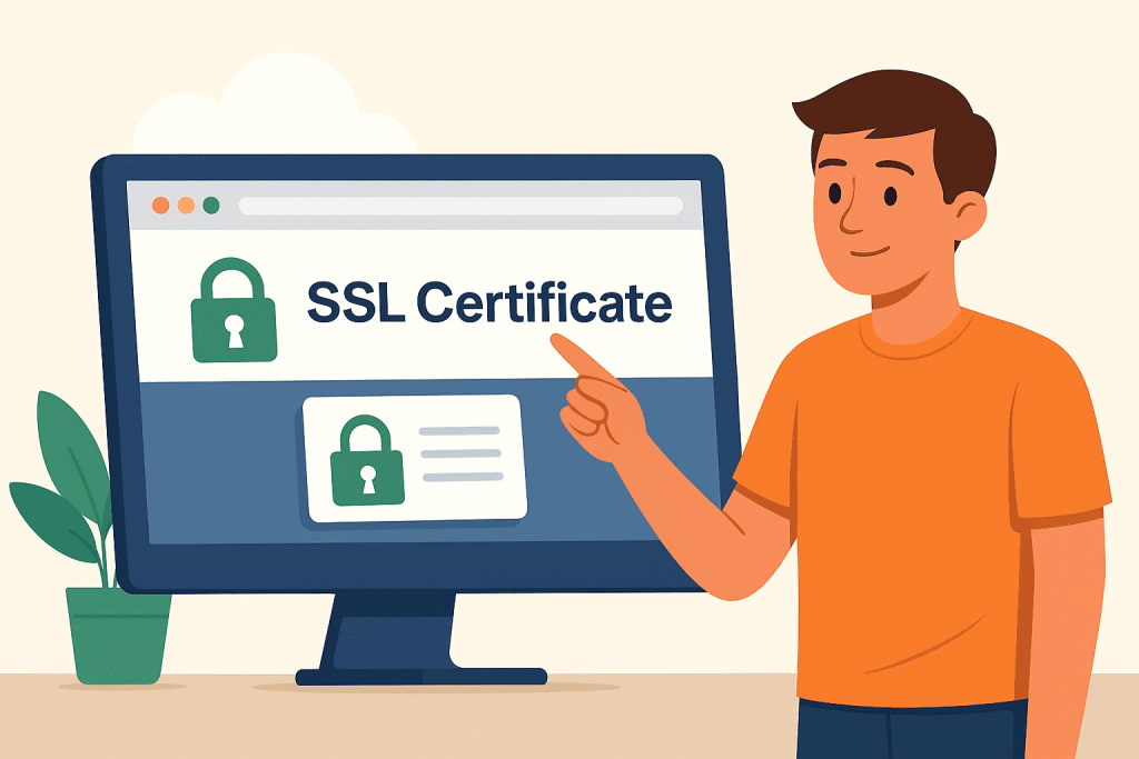 Чоловік показує на монітор із написом «SSL Certificate» і зображенням замка.