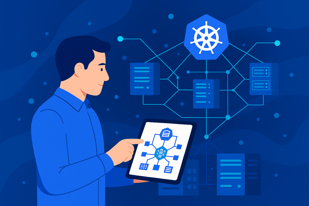 Адміністратор з планшетом налаштовує Kubernetes-кластер, навколо зображено сервери, з’єднані мережею.