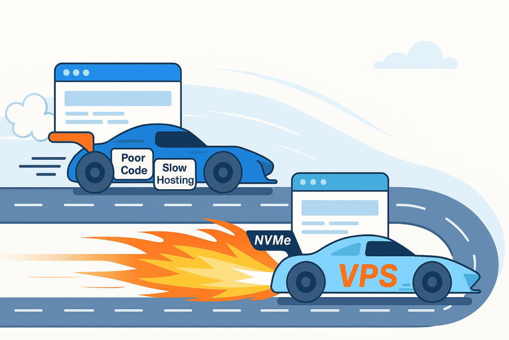 Дві гоночні машини на трасі: одна повільна з написами «Poor Code» і «Slow Hosting», інша швидка з вогняним прискоренням і написом «VPS NVMe».