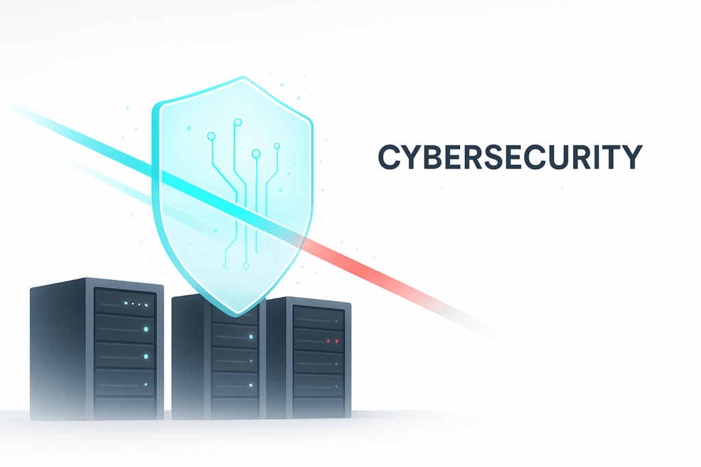 Три сервери за захисним цифровим щитом із написом «Cybersecurity».