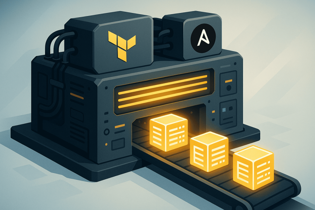 Серверна машина випускає світні контейнери з логотипами Terraform і Ansible.