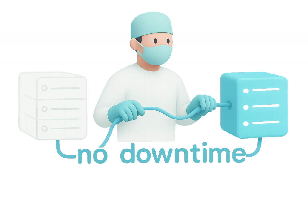 Лікар у масці з’єднує два сервери кабелем, між ними напис “no downtime”.