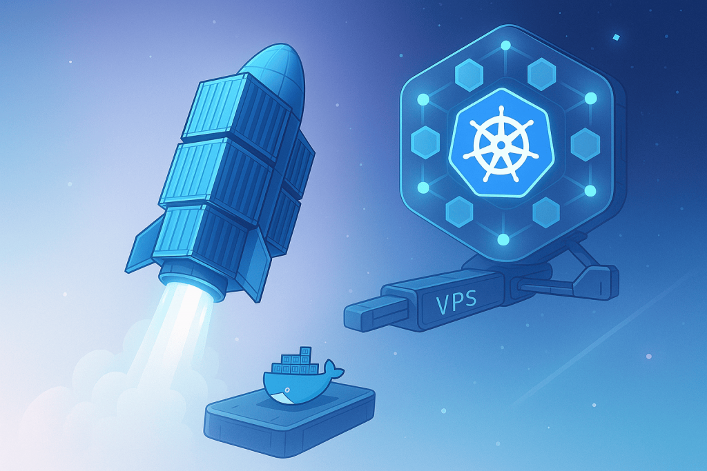 Docker, Kubernetes і VPS у стилізованій графіці.