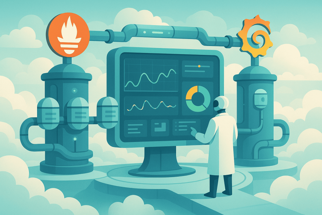 Інженер стежить за графіками й діаграмами на великому екрані з логотипами Prometheus і Grafana.