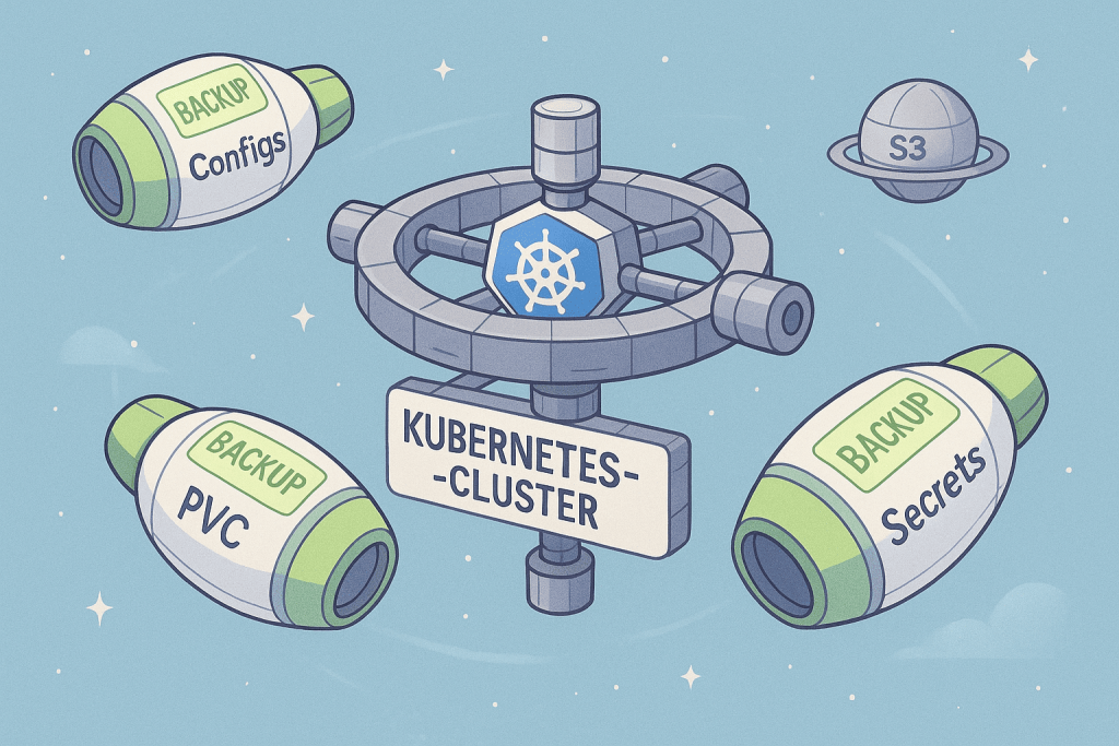 Kubernetes-кластер у центрі з написами Backup Configs, PVC і Secrets.