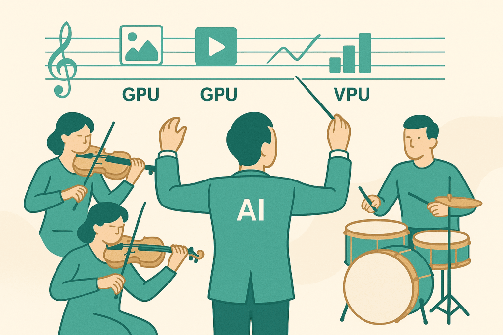 Диригент із написом AI керує музикантами, що уособлюють GPU та VPU.