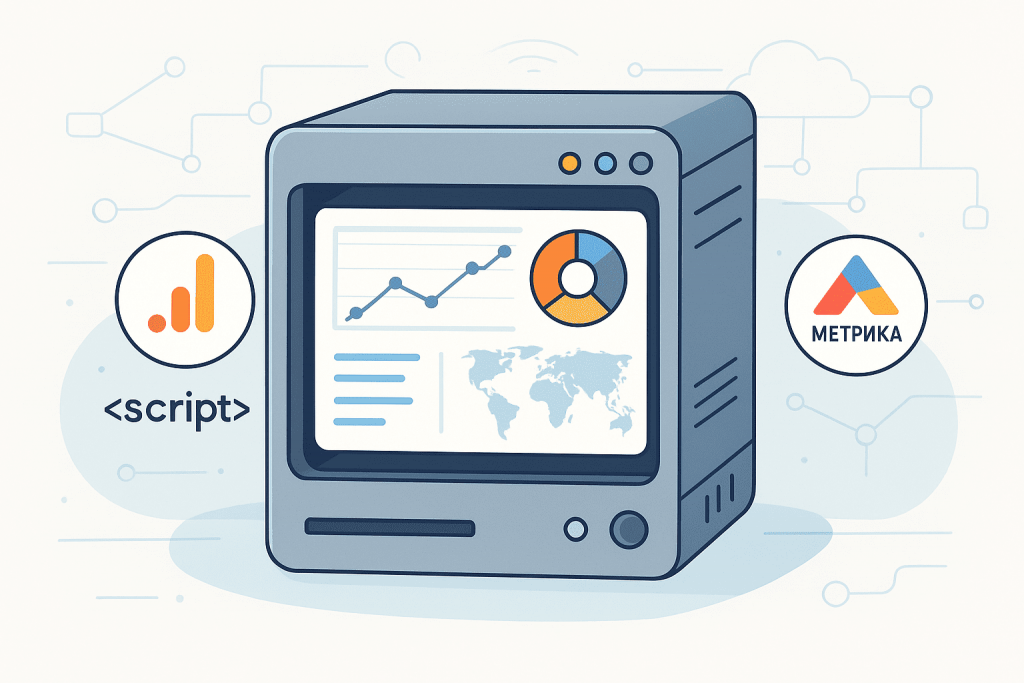 Сервер із графіками та аналітичними даними, поруч логотипи Google Analytics і Яндекс Метрики.