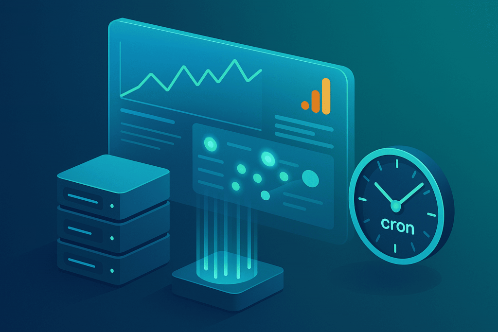 Сервер, панель із графіками аналітики Google та годинник із написом cron.