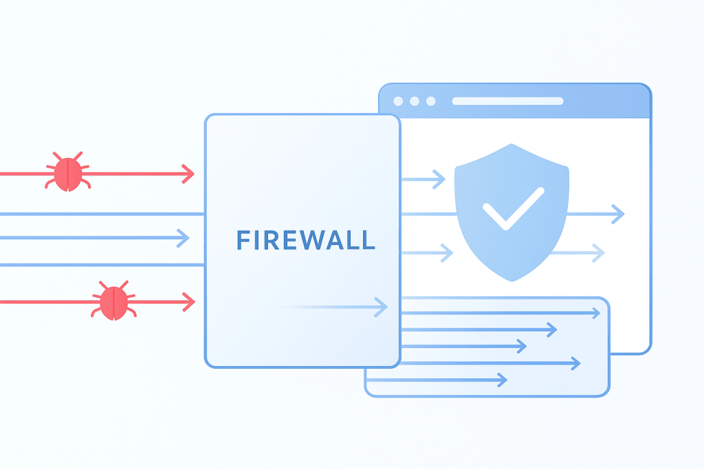 Схема роботи фаєрволу: червоні стрілки з вірусами блокуються, а чистий трафік проходить далі до вебсторінки з щитом.