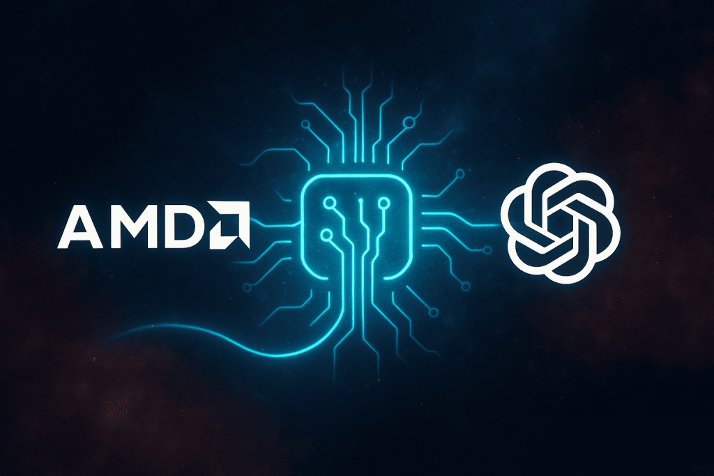 Логотипи AMD та OpenAI, з’єднані стилізованим чипом, що символізує співпрацю у сфері штучного інтелекту.