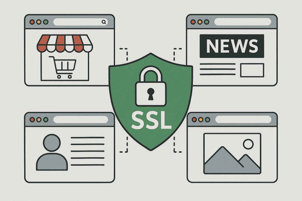 Зелений щит із замком і написом SSL, що захищає різні типи вебсайтів — магазин, новинний портал, блог і портфоліо.