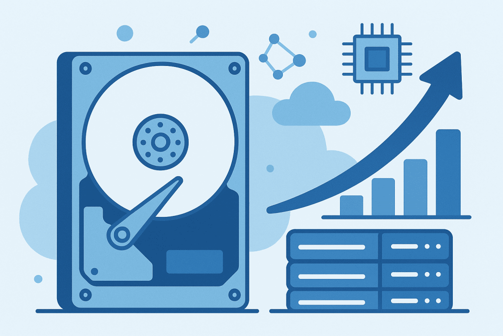 Зображення жорсткого диска, серверів і графіка зростання продуктивності.