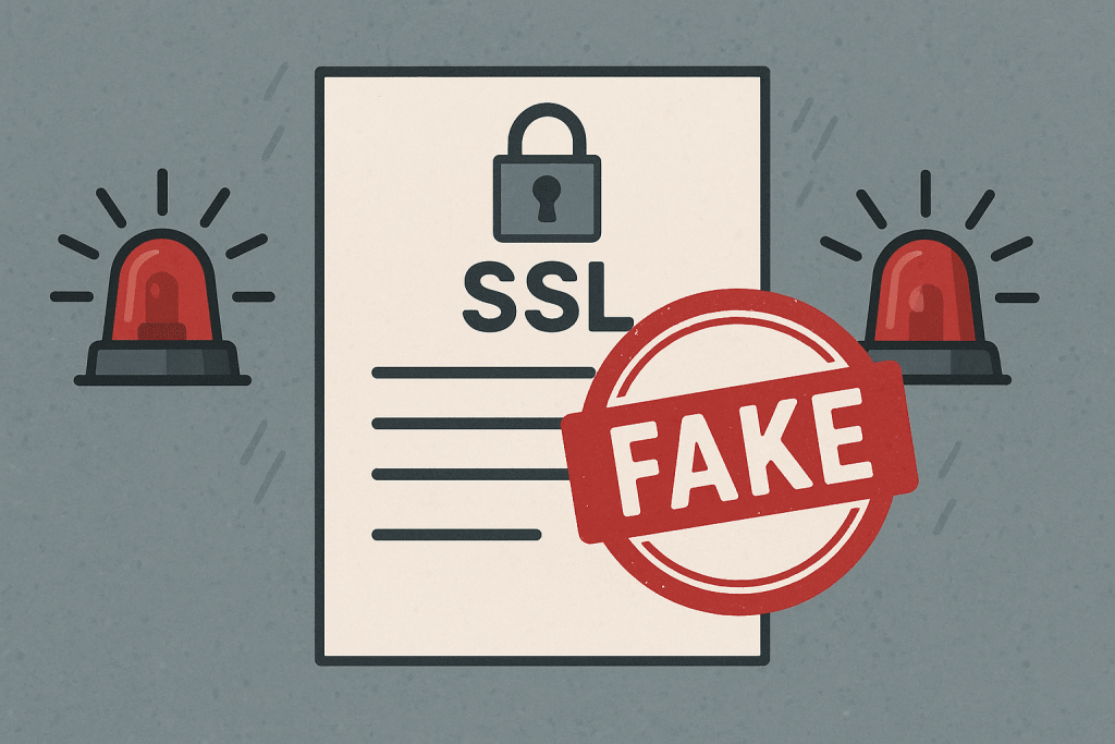 Документ із позначкою SSL та великою червоною печаткою FAKE, поруч блимають сигнальні лампи.