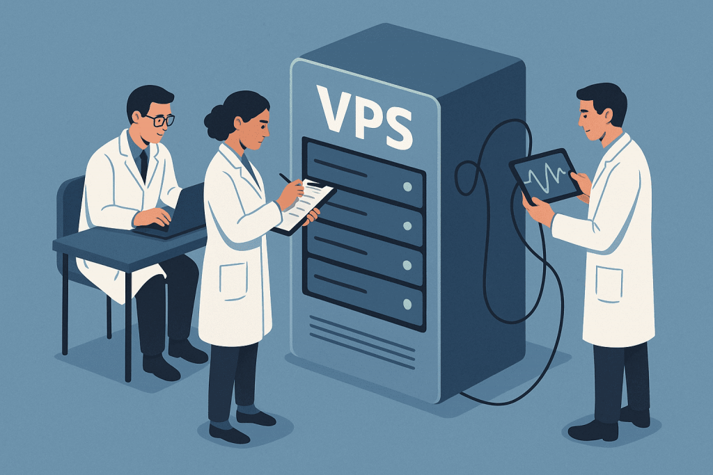 Команда спеціалістів у білих халатах перевіряє роботу VPS-сервера, записуючи результати на планшет і в ноутбук.