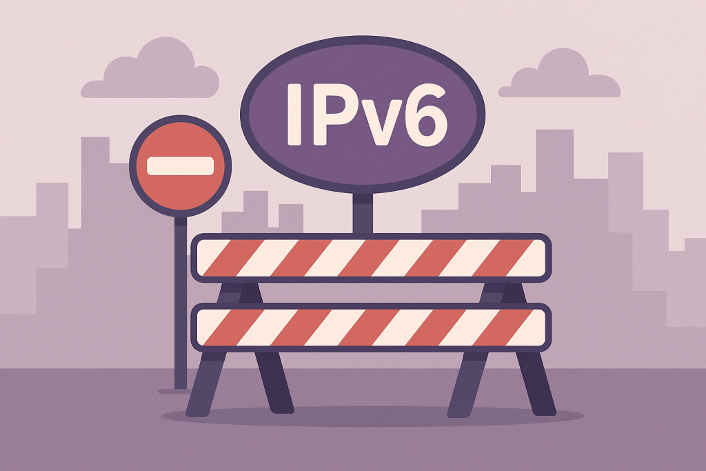 Дорожня бар’єрна конструкція з табличкою IPv6 та знаком заборони, що символізує перешкоди у впровадженні нового протоколу.
