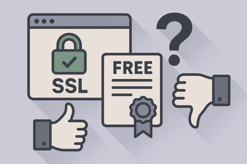 Значок SSL із зеленим замком поруч із сертифікатом FREE, знаком питання та жестами “лайк” і “дизлайк”, що символізують сумніви щодо безкоштовних SSL-сертифікатів.
