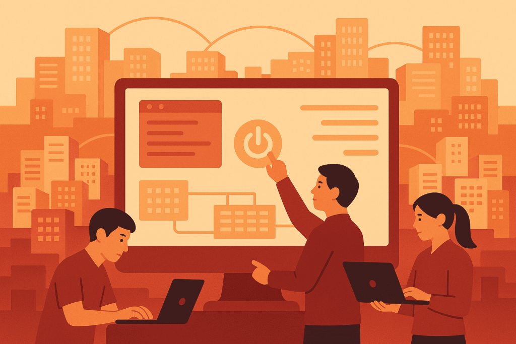 Три людини працюють з ноутбуками, одна з них натискає на кнопку на екрані, що символізує запуск суперкомп’ютера.