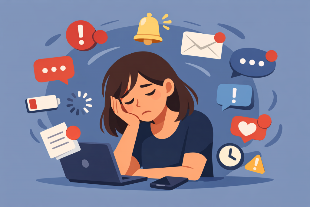 Людина сидить за ноутбуком із втомленим виразом обличчя, навколо неї сповіщення, повідомлення та іконки, що символізують інформаційне перевантаження.