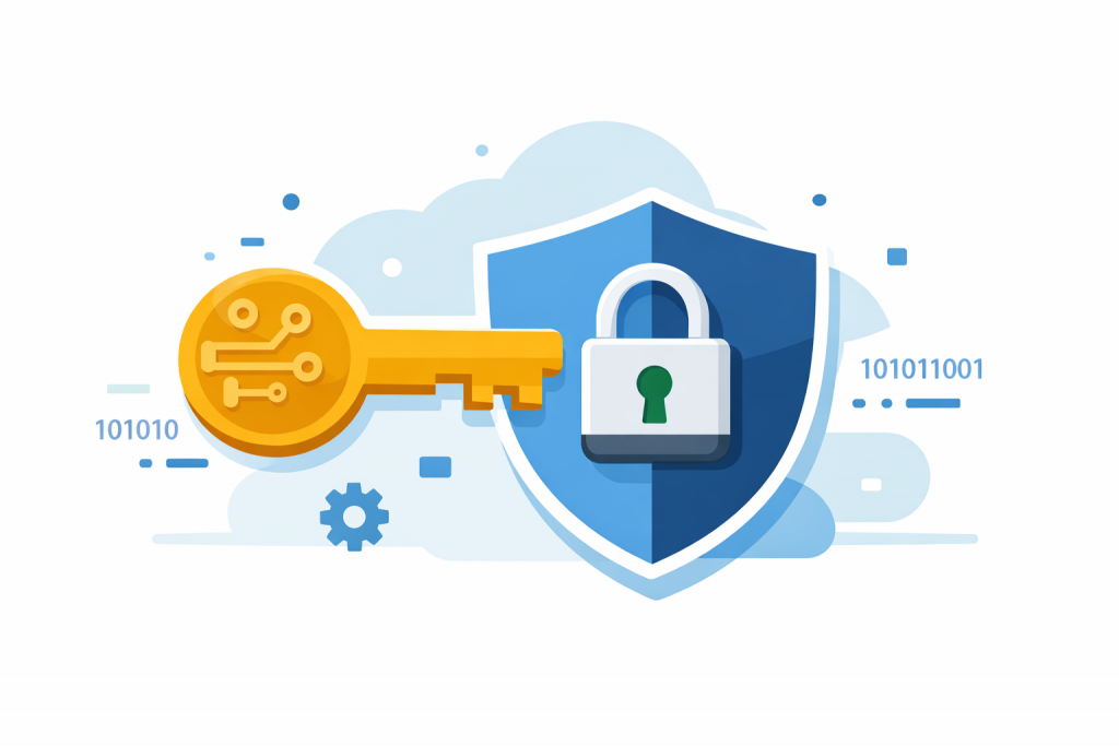 Золотий цифровий ключ із мікросхемними елементами спрямований до синього щита із замком, на тлі хмар, бінарного коду та технічних іконок безпеки.