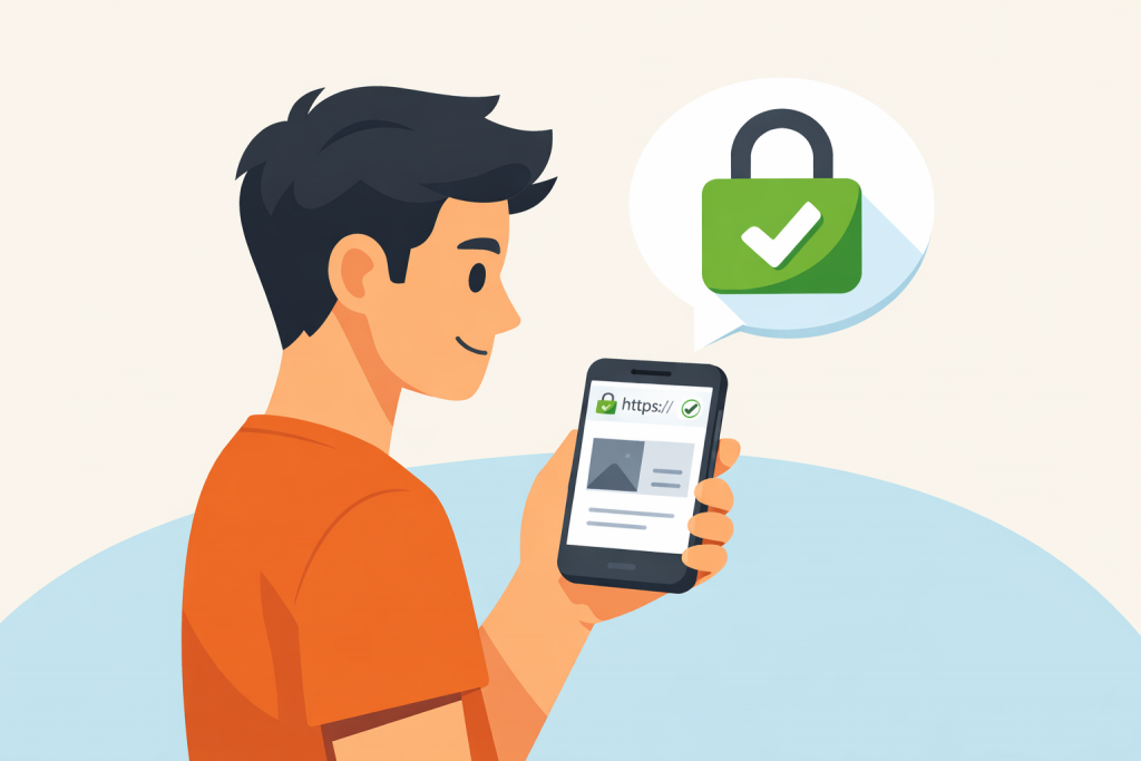 Людина тримає смартфон із відкритим сайтом, у рядку адреси видно https та іконку замка, поруч у спливаючому повідомленні зображено зелений замок із галочкою.