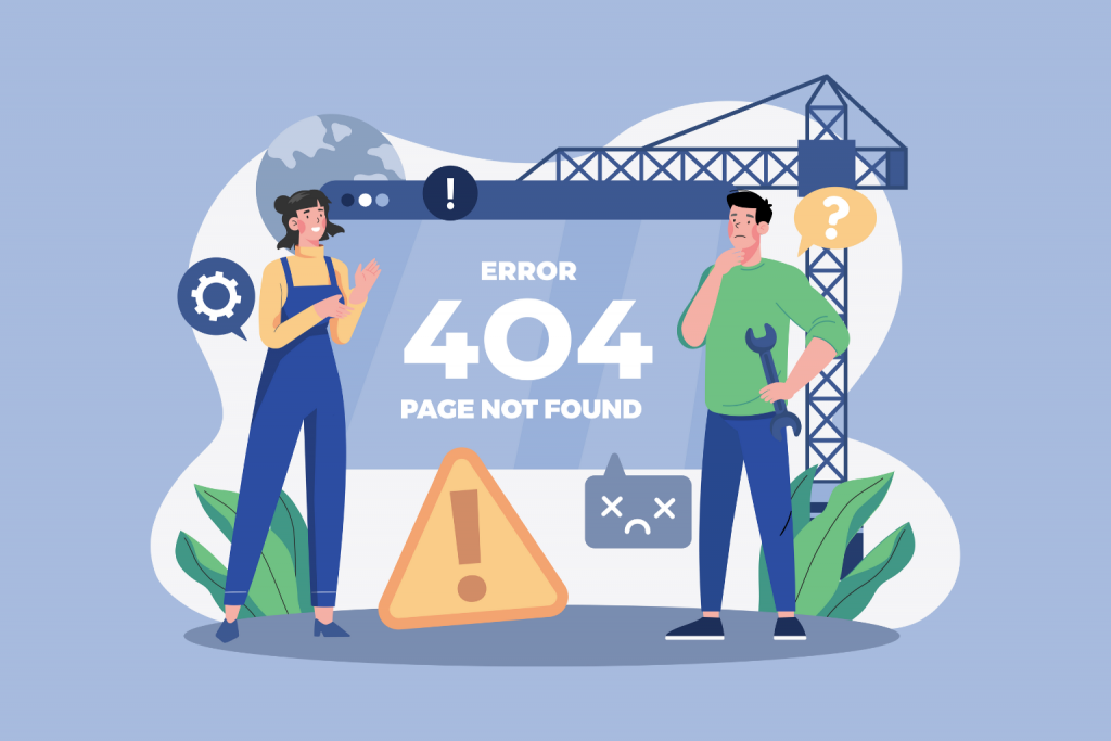 Двоє людей стоять перед екраном із написом Error 404 Page Not Found, поруч зображені будівельний кран, попереджувальні знаки та іконки помилок, що символізують проблему з доступом до сторінки сайту.