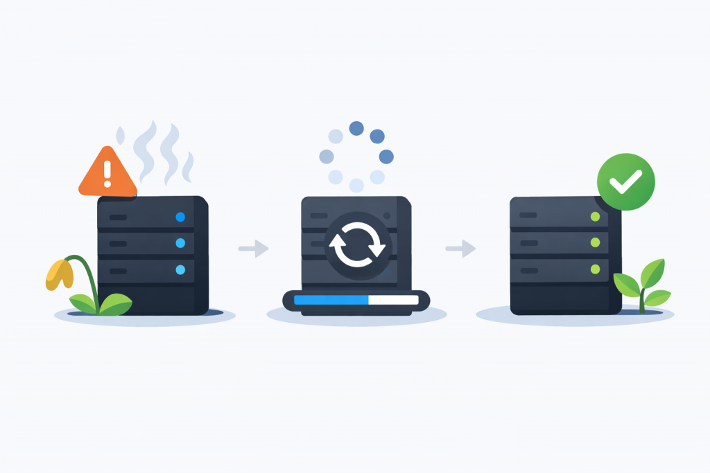 Сервер із попередженням про помилки, процес перезавантаження та відновлений сервер зі стабільним станом і активними індикаторами.