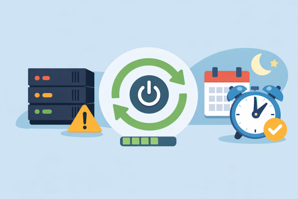Сервер із попередженням, процес перезавантаження та запланований час обслуговування для стабільної роботи системи.