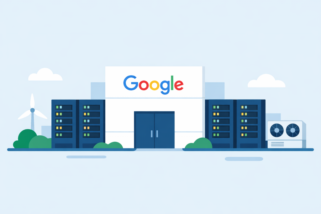 Будівля дата-центру Google з серверними стійками, системами охолодження та енергетичною інфраструктурою.