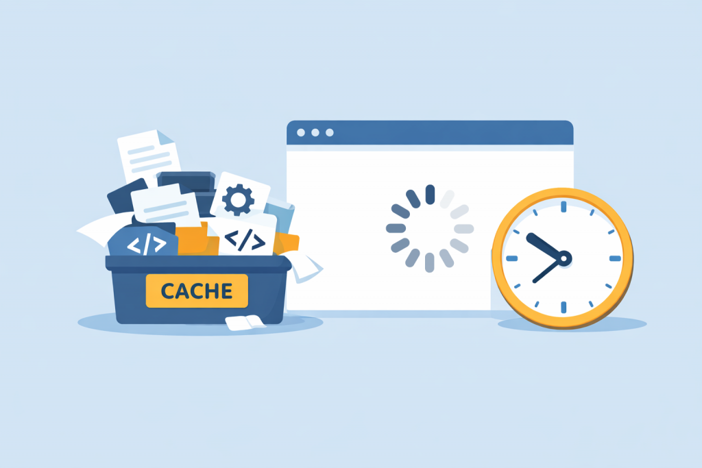 Контейнер із написом cache, заповнений файлами, іконками коду та налаштувань, поруч вікно браузера з індикатором завантаження та годинник, що підкреслює тривале очікування відповіді сайту.