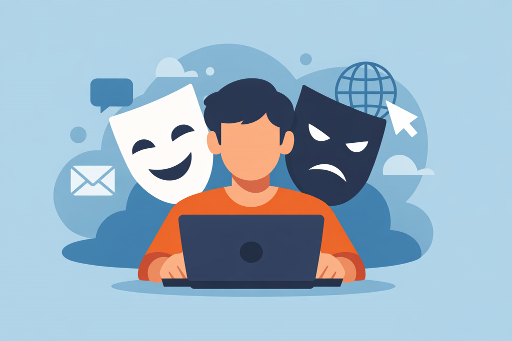 Користувач за ноутбуком між двома масками, що символізують фальшиву та справжню цифрову ідентичність, із ознаками онлайн-комунікацій.