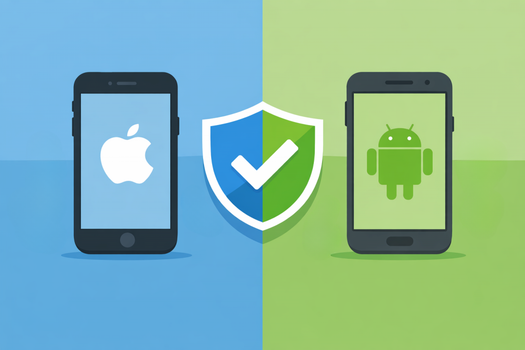 Порівняння смартфонів з iOS і Android із символом захисту між ними, що показує відмінності в підходах до безпеки.