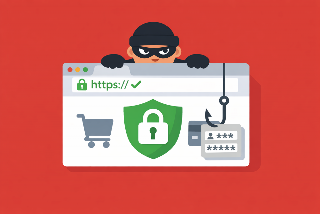 Фішинговий сайт із позначкою HTTPS, злочинець над сторінкою та форма введення даних банківської картки і пароля.