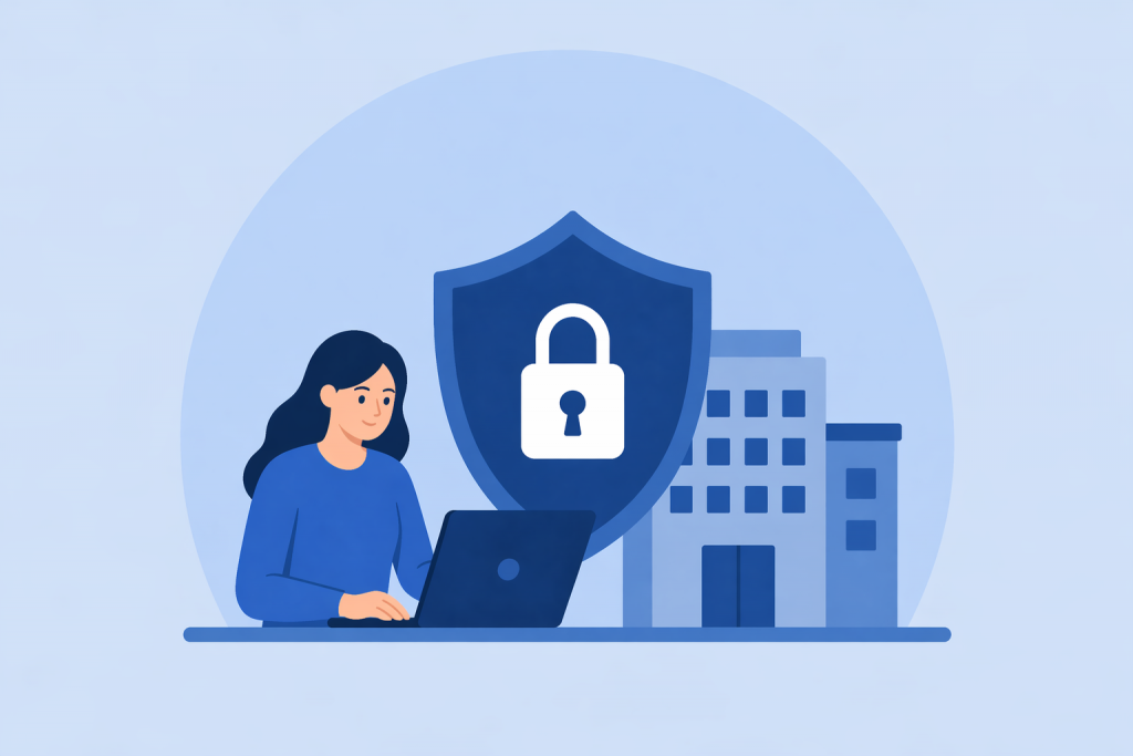 Дівчина працює за ноутбуком поруч із будівлею та великим щитом із замком, що відображає тему кібербезпеки.