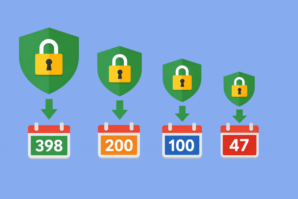 Серія календарів із різними значеннями строку дії SSL сертифікатів, що поступово зменшуються від 398 до 47 днів.