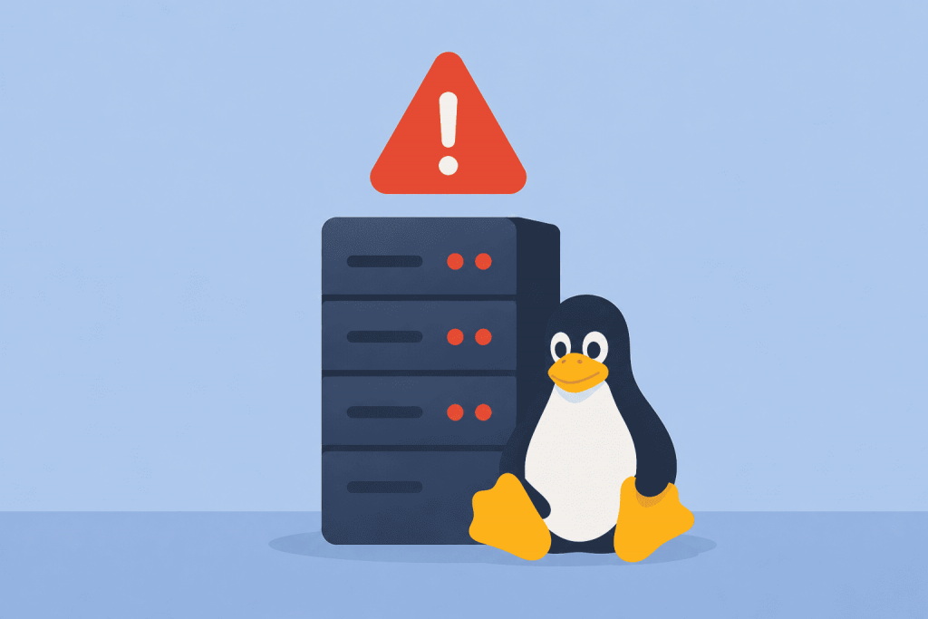 Пінгвін Linux сидить біля сервера з червоними індикаторами, над яким показано попереджувальний знак.