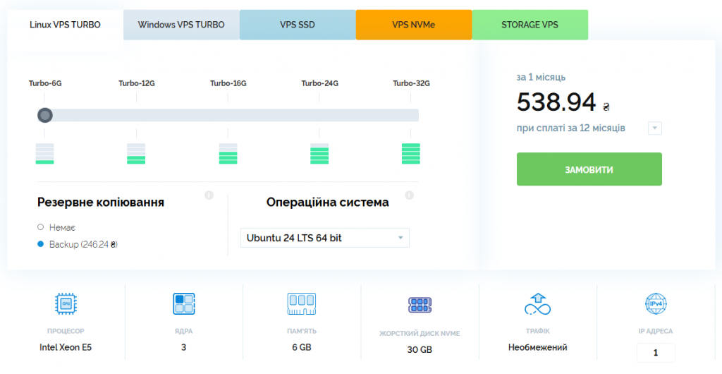 Конфігурація тарифу Linux VPS Turbo-6G: процесор Intel Xeon E5, 3 ядра, 6GB RAM, 30GB NVMe, необмежений трафік, 1 IP-адреса.