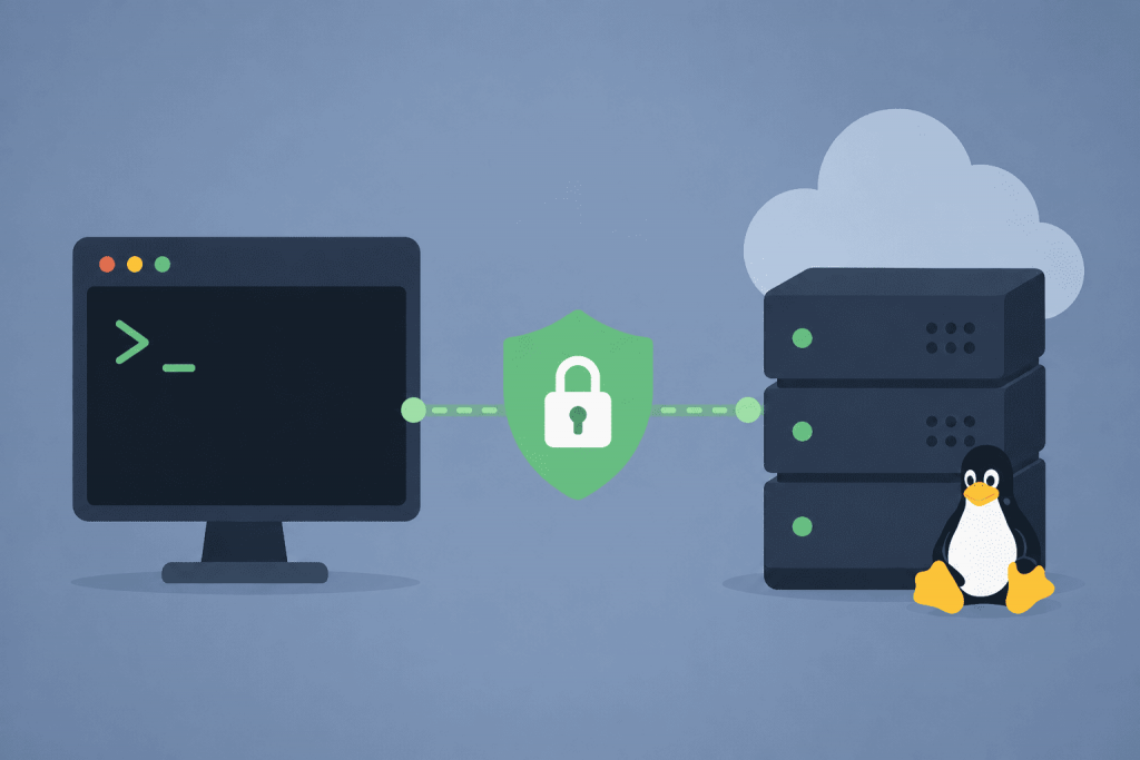 SSH-підключення до Linux VPS захищене за допомогою екрана термінала, замка та щита безпеки.