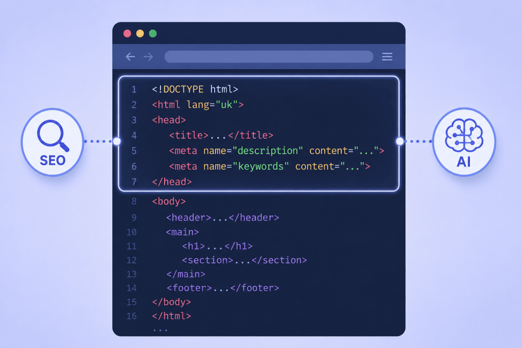 HTML-код сторінки з виділеним блоком head, на який звертають увагу SEO та AI-пошук.